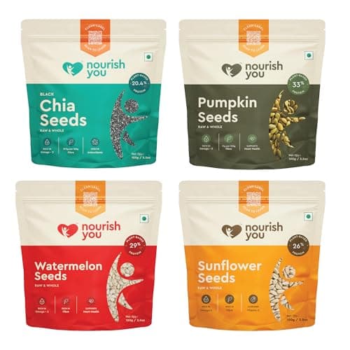 Nourish you Raw Seeds Combo for eating | Pumpkin, Sunflower, Watermelon -100g each & Chia -150g, Mixed Seeds - High in Nutrients, Protein, Fibre 450g