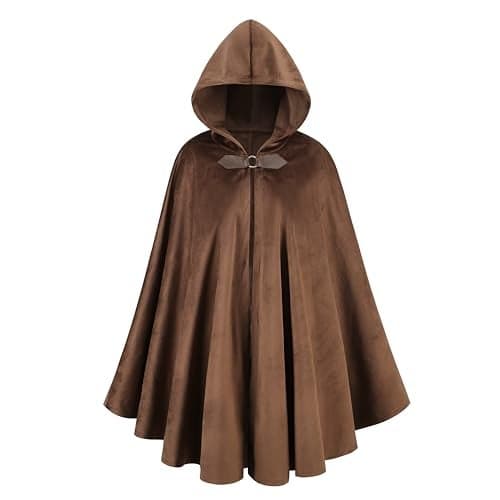 TOONRAIN Men's Adult Medieval Cloak Hoodie Velvet Renaissance Cape Halloween Dress Up (Round Buckle Brown,31.45'')
