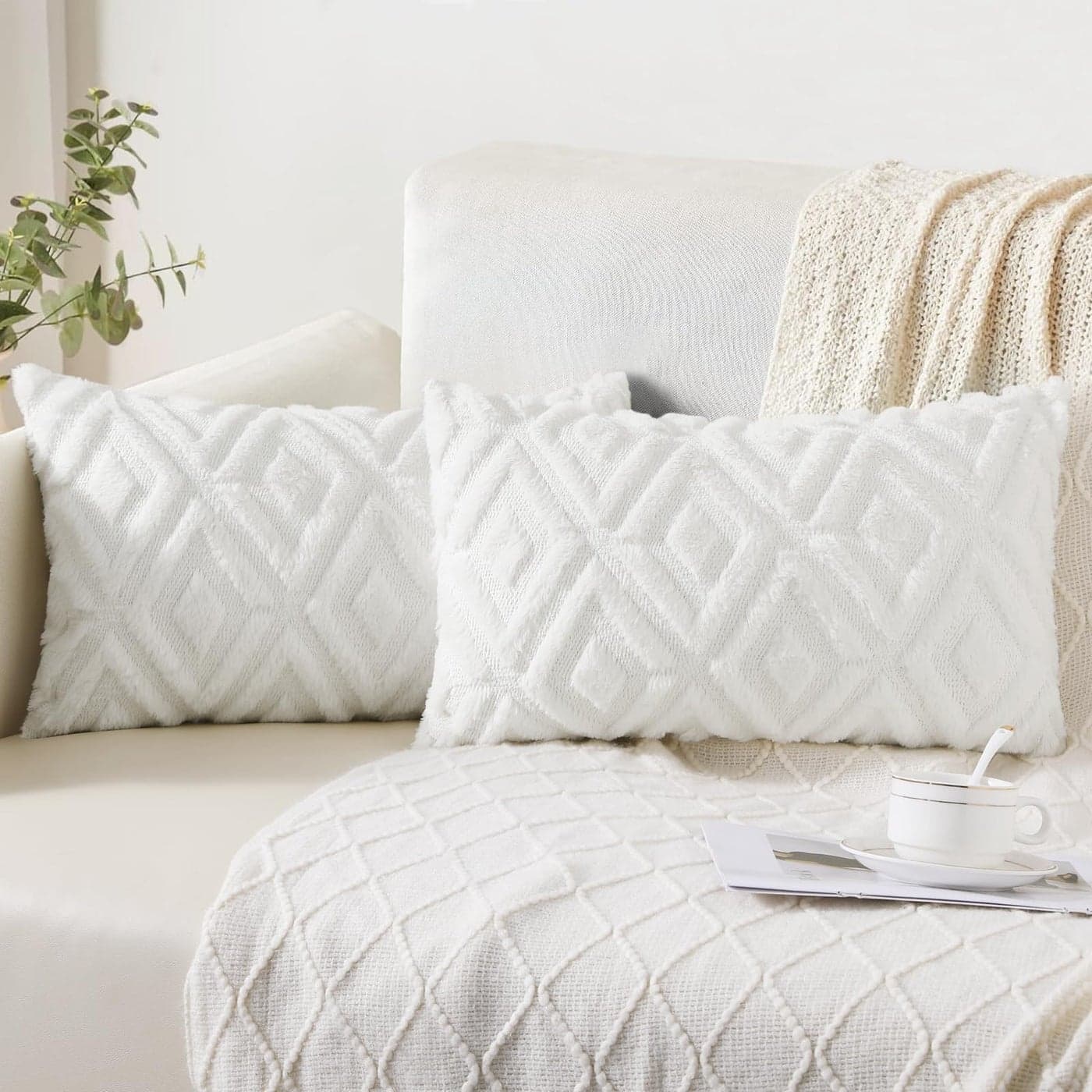 Pallene Spring Soft Faux Fur Throw Pillow Covers 12x20 Set of 2 Plush Wool Decorative Lumbar Couch Pillow Covers for Sofa Bed Living Room with 3D Diamond Pattern Cream White
