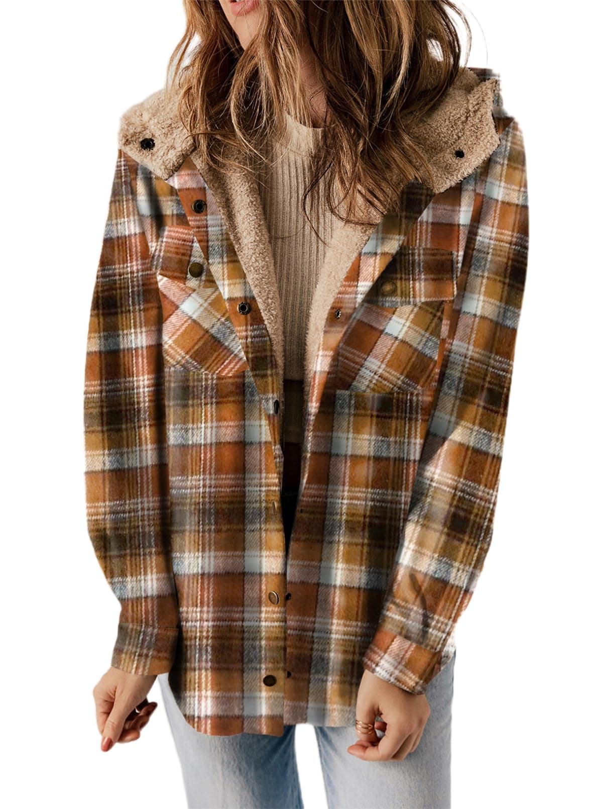 Dokotoo Flannel Shirt Women Plaid Fall Outfits Hooded Fleece Lined Jackets for Women Warm Winter Coats Fuzzy Vintage 2025 Fashion Sherpa Button Up Long Sleeve Shirts Thick Outwear Camel L