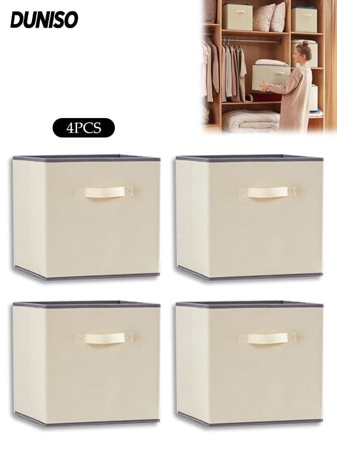4 Pack Collapsible Storage Bins, Fabric Bins with Handles, Large Capacity Storage Cubes,Suitable for Books Toys Clothes and Sundries(Beige,33x33x33 cm)