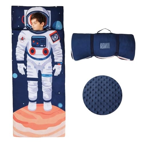 Kids Sleeping Bag Toddler Nap Mat with Removable Pillow, Large Foldable Sleeping Bag for Girls Boys, Easy Clean Slumber Bag with Double Zip for Camping School Preschool Daycare, 59×23 inch Astronauts