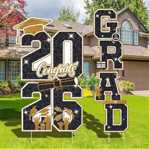 Graduation Yard Sign Class of 2026 Decorations, 4pcs Large Size Black and Gold Congrats Grad 2026 Lawn Yard Sign with Stakes for High School College Indoor Outdoor Graduation Party Decor Supplies