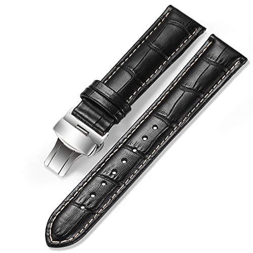 iStrap Leather Watch Band -Alligator Grain Embossed Pattern Calfskin Replacement Strap-Stainless Steel Deployment Buckle with Push Buttons-Bracelet for Men Women-18mm 19mm 20mm 21mm 22mm 24mm