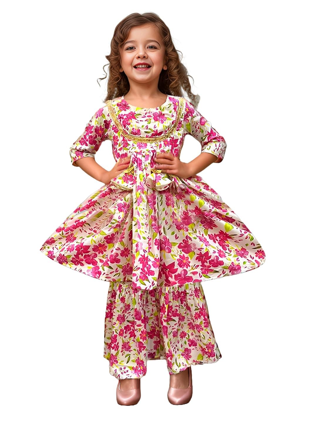 A.T.U.N. (ALL THINGS UBER NICE) A.T.U.N. Girls Ethnic Wear Sharara | Floral Pink Printed Kurta with Sharara Set for Girls