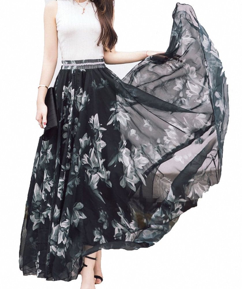 Afibi Women Full/Ankle Length Blending Maxi Chiffon Long Skirt Beach Skirt (Medium, Design A)