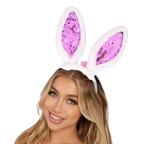 Wanna Party Bunny Ears Headbands - Plush Sequin Rabbit Headband for Women, Kids, and Adults Party Supplies (Pink)
