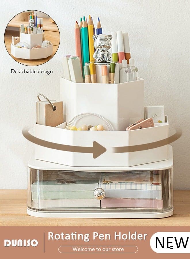 360 Degree Rotating Office Desk Organizers and Accessories with 1 Drawer, Pencil Pen Marker Holder for Desk, Desktop Storage Organizers and Accessories for Office Home Art Supplies