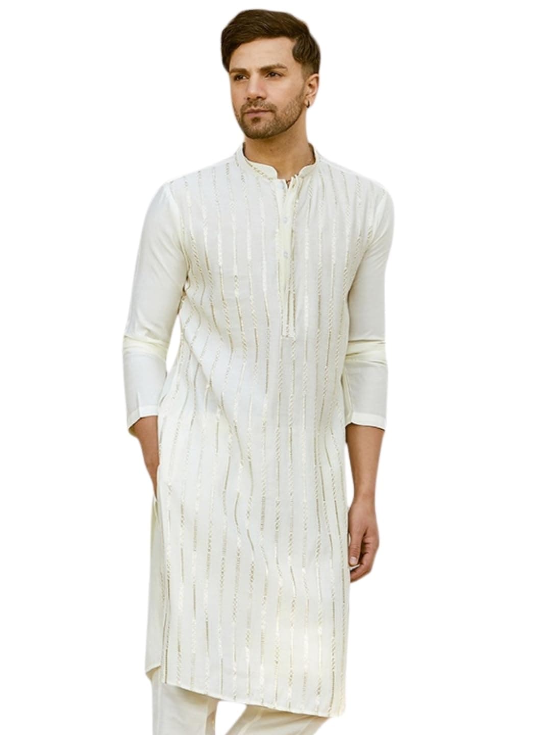 See Designs Men Full Sleeve Off White and Gold Chanderi Silk Sequins Mandarin Collar Side Slit Kurta - SDKT2422S