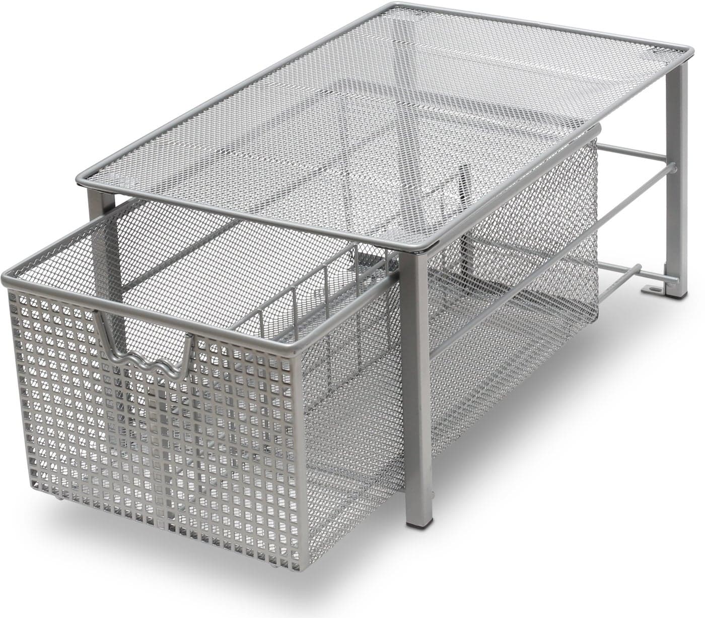 Deco Brothers Stackable Pull Out Cabinet Sliding Basket with Dividers Large Silver