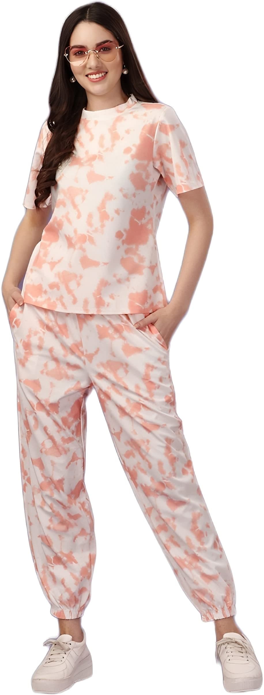 ELLITI Women's Soft Poly Cotton Tie-Dye Printed Crop Length T-Shirt and Pyjama Night Suits Set | Co-ord | Nightwear | Loungewear | Night Dress | Set of Top and Bottom Peach