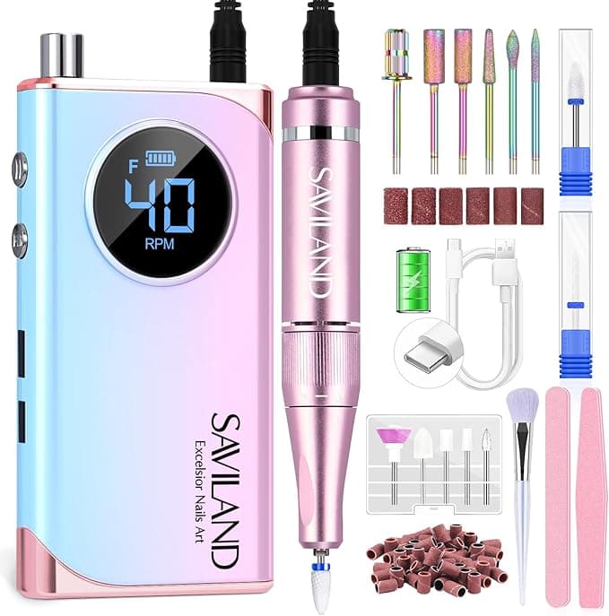 Saviland Electric Nail File 40000RPM Professional Rechargeable Nail Drill for Acrylic Nails Gel Polishing Removing Adjustable Speed Low Vibration Safe E File with 13 Drill Bits for Nails Manicure