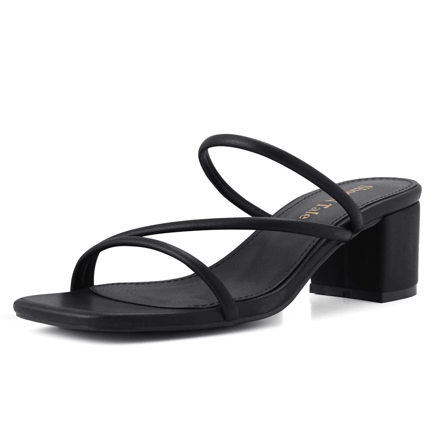 ShoeN Tale Strappy Heels For Women Low Chunky Block Heel Heeled Sandals Square Open Toe Slip On Slides Mules7Black