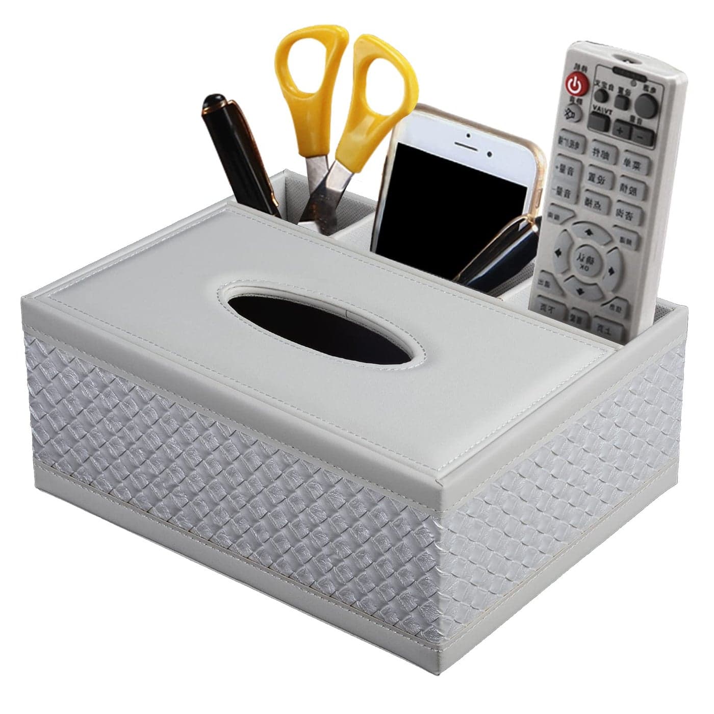 XNONE Tissue Box Cover Rectangle White Kleenex Box Holder PU Leather Facial Tissue OrganizerMultifunctional Remote Control Stationery Storage BoxHome Office Supplies Car Napkin Caddy