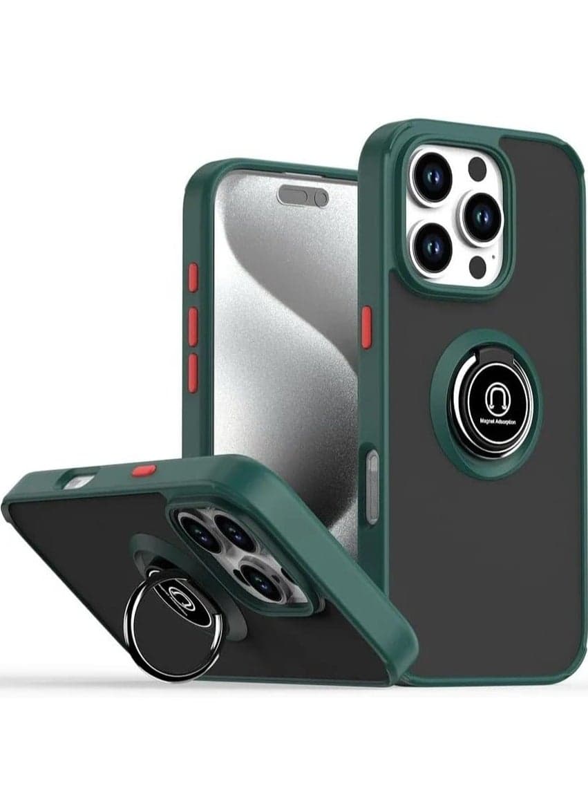 iPhone 16 Pro Case Cover – Green Matte Shockproof Bumper with Metal Ring Holder Kickstand & Car Magnetic Mount