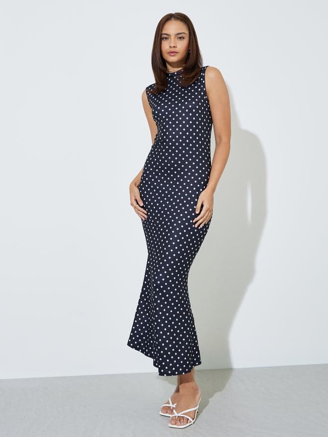 Styli Black Polka Dot Mermaid Hem Maxi Dress