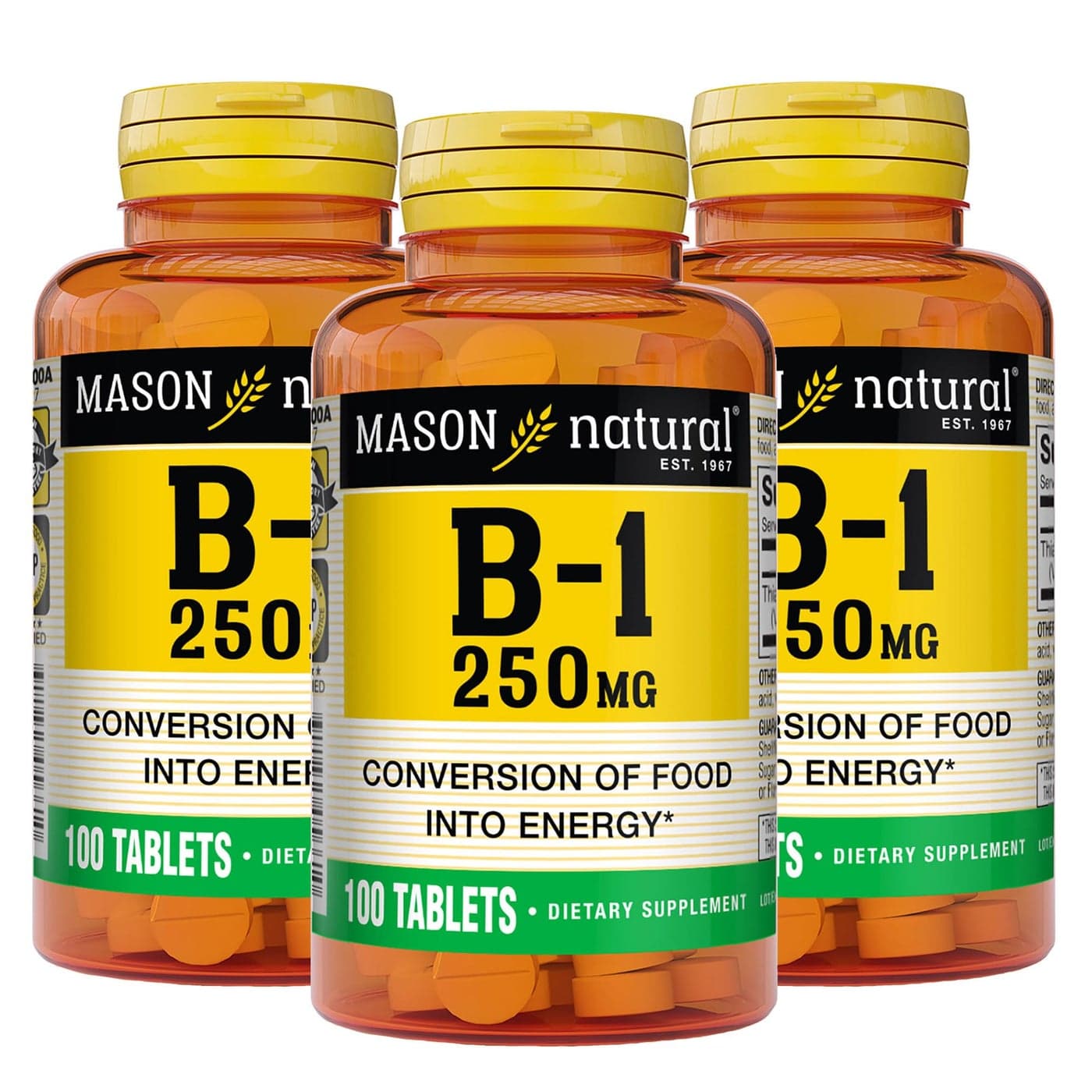 MASON NATURAL Vitamin B1 Thiamine 250 mg 300Day Supply Dietary Supplement to Support Natural Energy Levels 100 Tablets Pack of 3