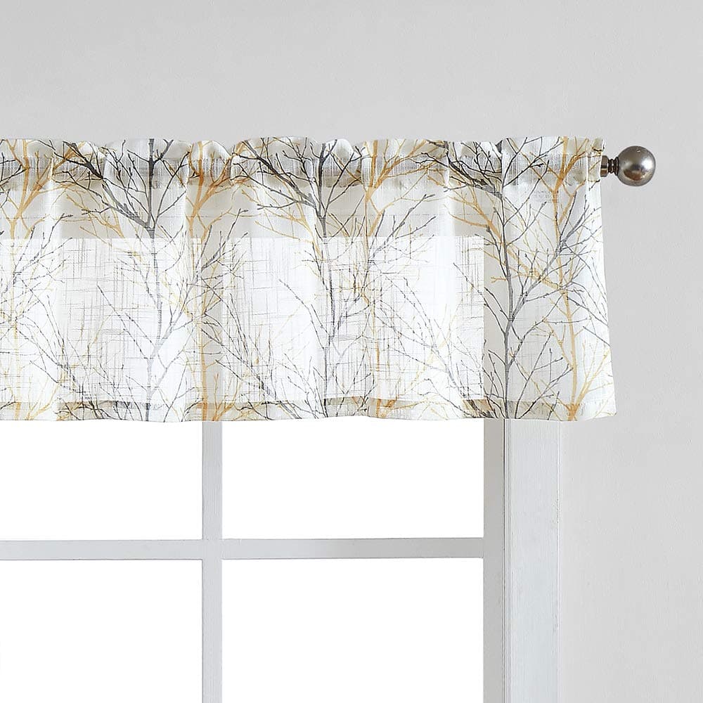 FMFUNCTEX Window Valance Curtains Yellow Grey Tree Branch Print on Semi Sheer White Short Valance for Kitchen Bathroom Rod Pocket Window Treatment 1 Panel 50 x 15 Inches