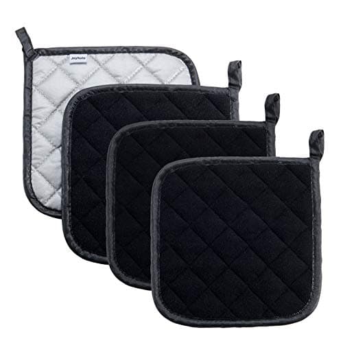 Joyhalo 4 Pack Pot Holders - Heat Resistant Oven Hot Pads, Terry Cloth, Black