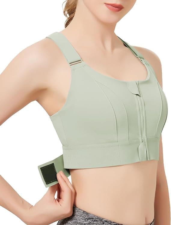 PLUMBURY Polyester Women's Padded Front Zip Plus Size Full Coverage High Support Velcro Adjustable Sports Bra for Workout Gym, Size Large, Green