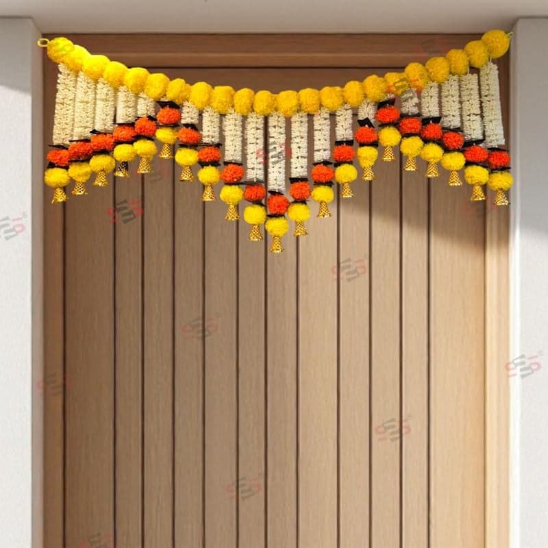 S2S Artificial Flower Garland Krish Toran for Main Door Entrance | Handmade Fabric Bandarwal | Door Hangings for Home Decoration - 3 Feet (Yellow & Orange)