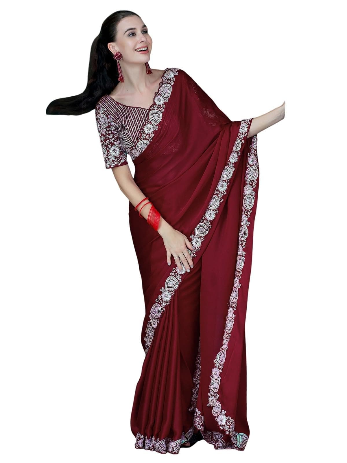 Satrani Women's Chiffon Sequence Embroidery Saree with Unstitched Blouse Piece (3829S211N_Maroon)