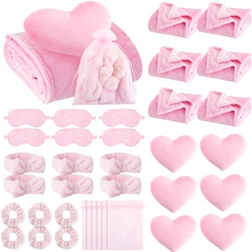 Fanfanwin 36 Pcs Sleepover Party Supplies for Girl Spa Slumber Birthday Favors Throw Blanket Pillow Eye Mask Headband Scrunchies Solid ColorPink