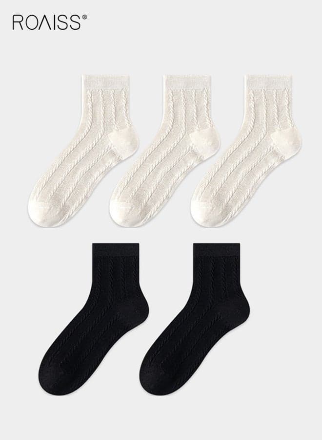 5 Pairs Women's Mid-Calf Socks, Solid Color Thin Mesh Breathable Cotton Socks for Ladies, All-Season Antibacterial Sweat-Wicking Mid-Calf Socks, Black & White