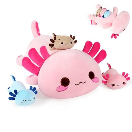 Onsoyours Axolotl Stuffed Animal Mommy 197 with 3 Baby Axolotl Plushies in Tummy 4 Piece of Cute Axolotl Plush Pillow Toys for Kids Girls Boys Pink Axolotl Family
