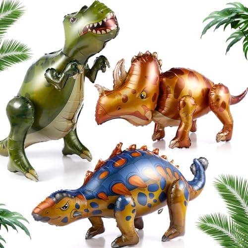 Silipull 3 Pcs Giant 4D Dinosaur Balloon Dino Foil Balloons Inflatable Cute Self Standing Aluminum Dinosaur Balloons for Boys Adults Jungle Dino Theme Baby Shower Birthday Party Decor Gifts Supplies