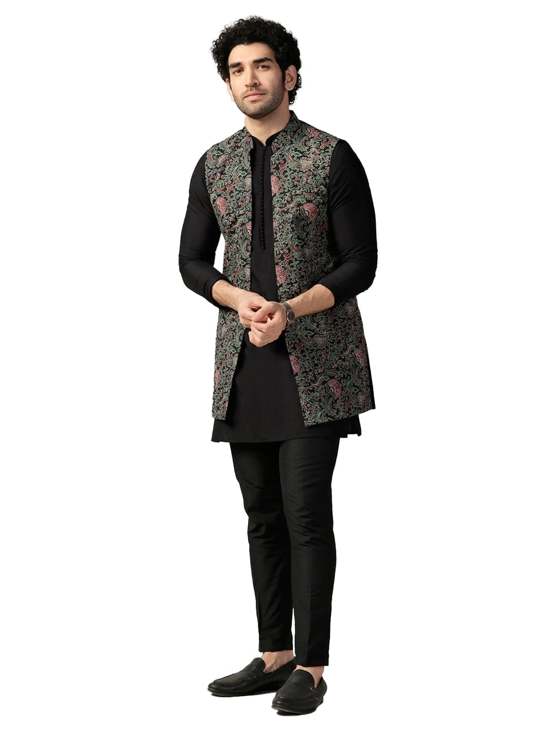 KISAH Men's Kurta Jacket Trouser Set, Multi Cotton Blend, Printed Regular Fit Mandarin Collar Long Sleeves|40