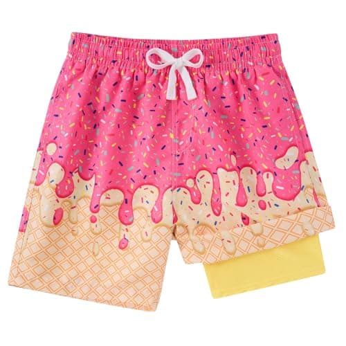 Swim Trunks Boys with Compression Liner Swim Shorts Pink Ice Cream Size 6-7 Years Boy Sports Shorts Yellow Waffle Bathing Suits Swimwear