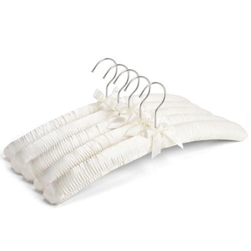 Amber Home 5 Pack Large Ivory Satin Padded Hangers, 17" Non-Slip Cushioned Hangers for Sweaters, Silk Dress, Wedding Dress, Bridal Gown, Cashmere