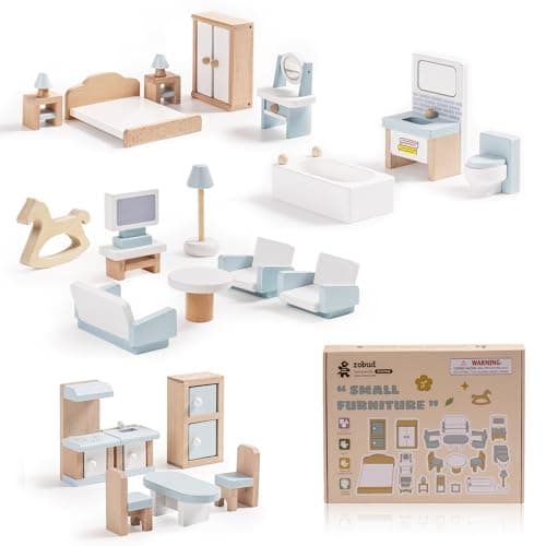 ROBUD Wooden Dollhouse Furniture Set 23 Pcs Dollhouse Accessories Miniature Furniture Including 5 Room Kits Dollhouse Furniture Pretend Play Toys for Boys Girls Toddlers 3