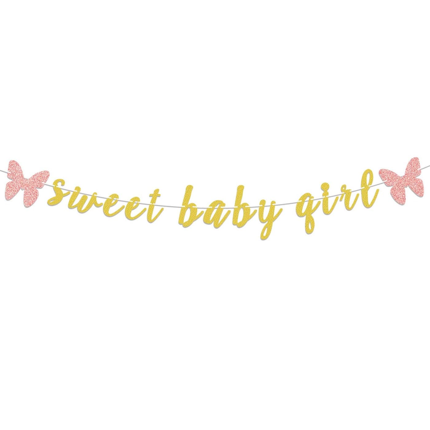 LASKYER Sweet Baby Girl Gold Glitter Garland Banner with Pink Butterfly Perfect for Baby Shower Baby Girl Birthday Party Decorations