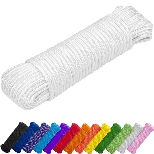 TECEUM Clothes Line & Flag Pole Rope – 1/4” & 3/8” – 90 FT | 150 FT – Strong All-Purpose Utility Rope – Camping, Crafting, Indoor & Outdoor – Polypropylene Nylon Lightweight Diamond Braided Cord White