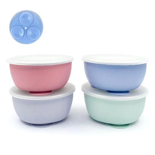 Elk and Friends Stainless Steel Bowls with Silicone Sleeve for Babies Toddlers Lids Included Stay Put Suction Cereal Snack Bowls 4 Pack
