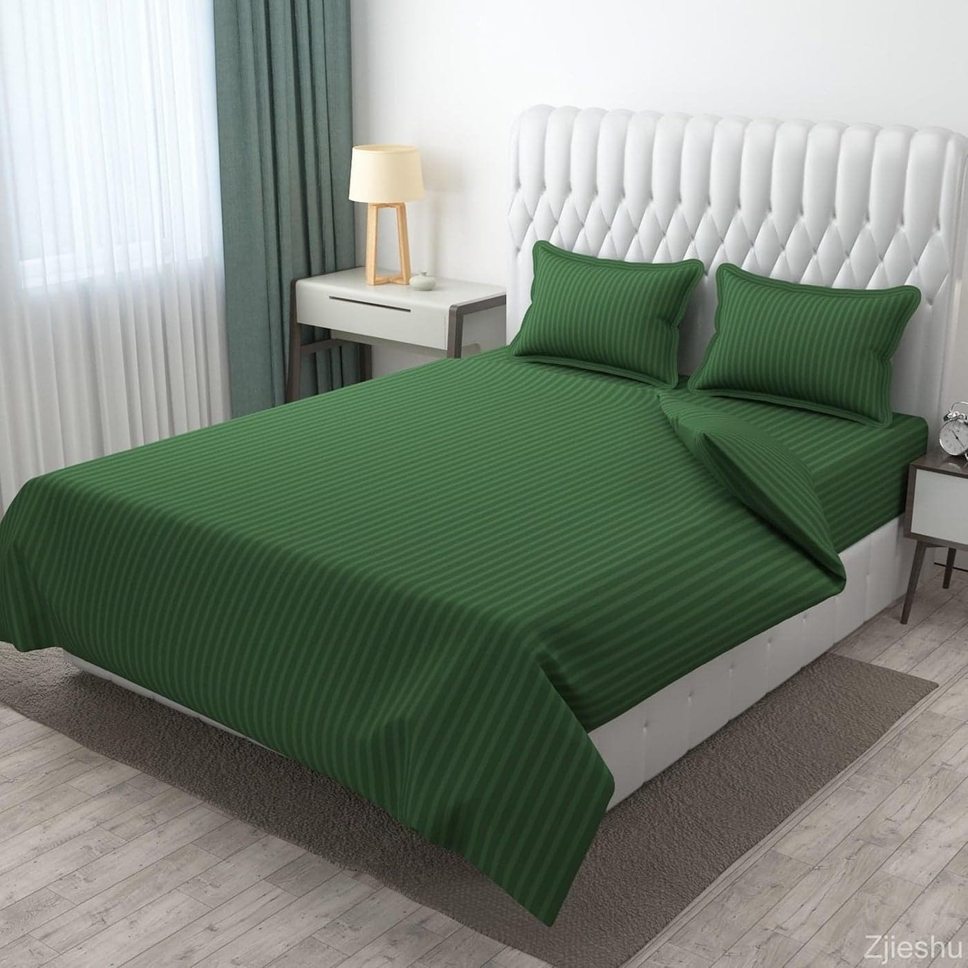 Galaxy Home Decor Premium 160 TC Stripe Glace Cotton Double BedSheet with 2 Pillow Covers Dark Green