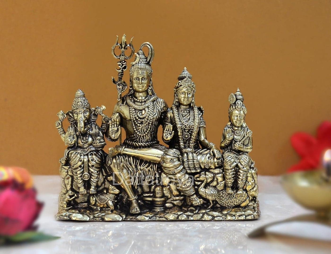Dattatreya Bronze Shiv Parivar Shiva Family Idol Family for Home Decor Mandir Pooja Showpiece (Height 3.5 Inch)