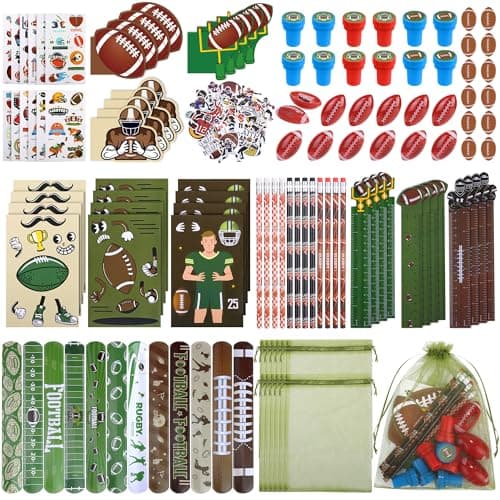 Aneco 340 Piece Football Party Favor Set Football Goodie Bag Stuffers Mini Card Pencil Sharpener Eraser Stamp Slap Bracelet Sticker School Stationery Bulk for Sport Party Team Game Prize Birthday Gift