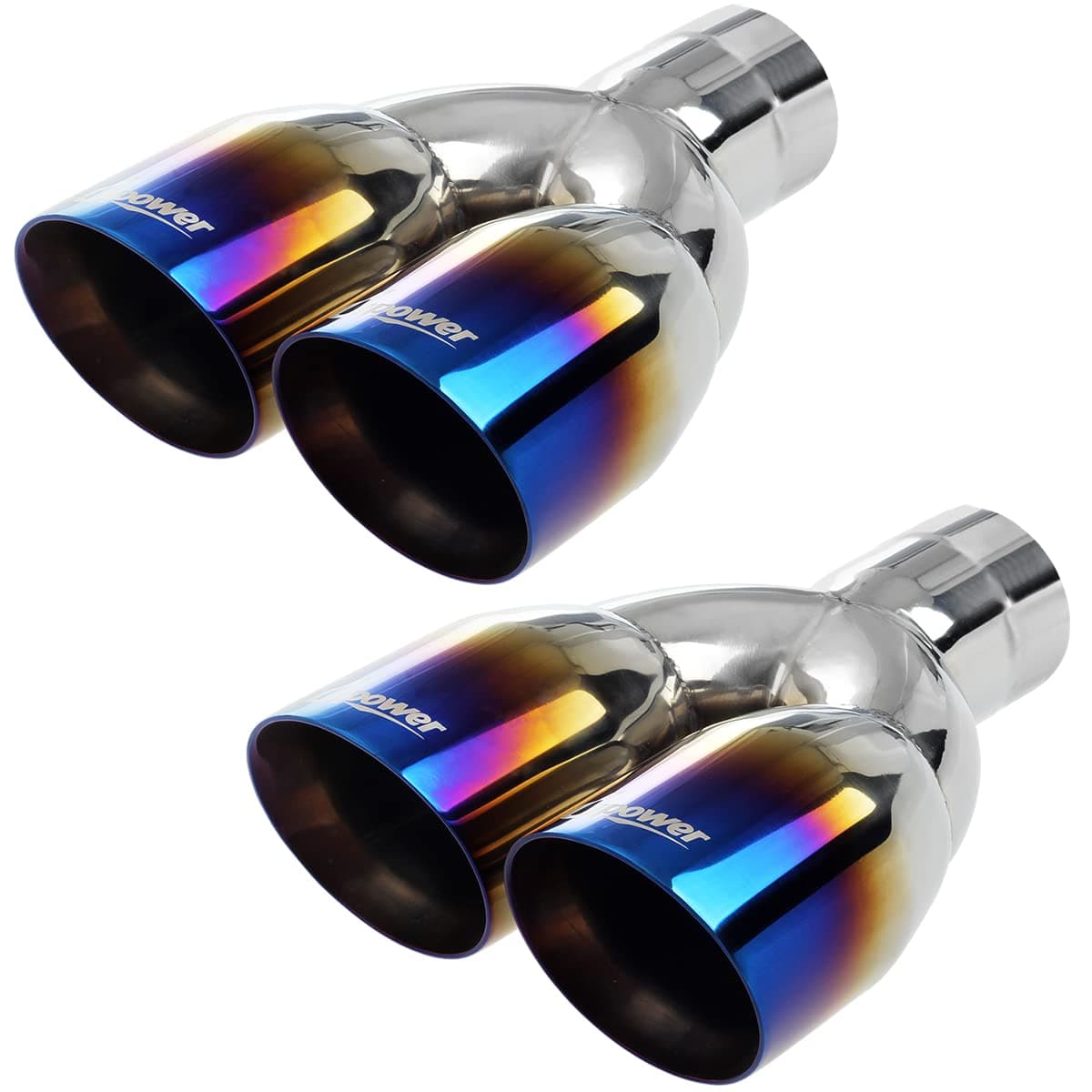 Upower Pack of 2 Dual Exhaust Tip Tailpipe 25 Inch Inlet 35 outlet 95 Length Blue Burnt Polished Tip StaggeredDouble Wall Slant Edge