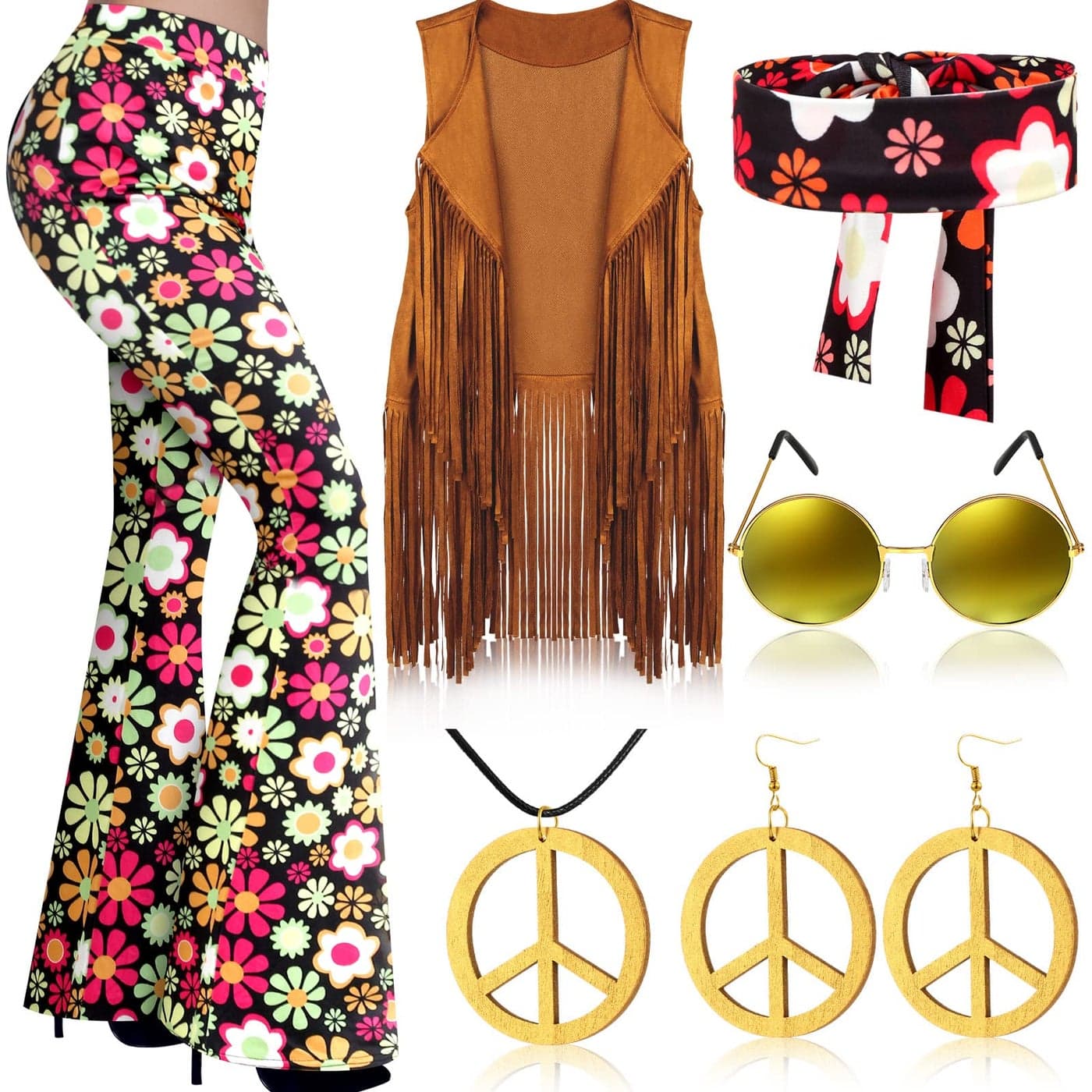 Haull 7 Pcs 60s 70s Outfits for Women Hippie Costume Set Boho Flared Pants Fringe Vest Peace Sign Accessories Set FlowerLarge