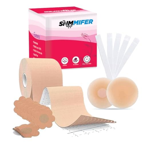 SNMMIFER Boob Tape Kit - Instant Boob Tape with 10 Nipple Pasties for Fashion with 36 Strips Double Sided Tape for Clothes &1 Pair Reusable Nipple Cover for Women (Beige)