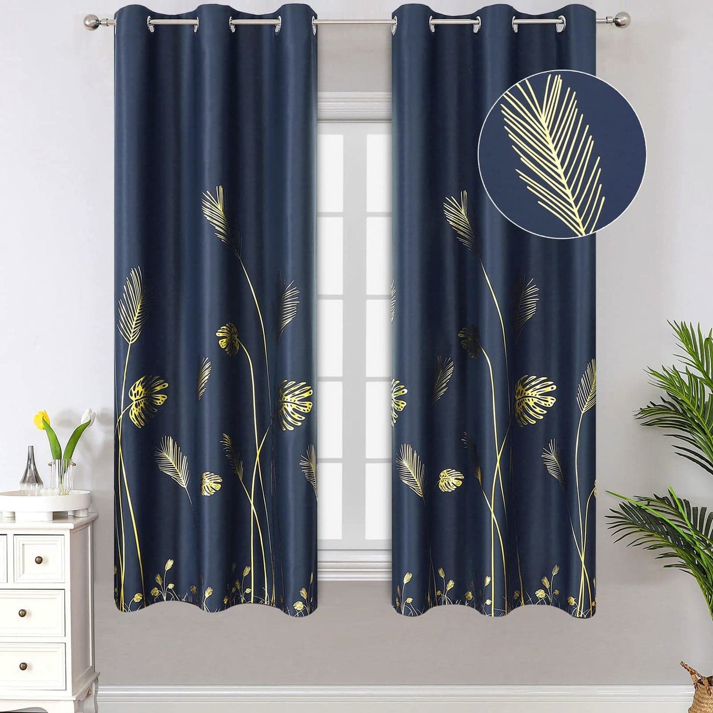 Estelar Textiler Window Curtains 63 Inch Blackout Curtains Palm Tree and Wheat Pattern Printed Light Blocking Curtains for Kitchen Navy Blue 42Wx63L 2 Panels