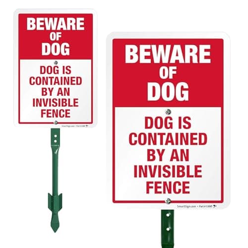 SmartSign Beware of Dog Sign, Dog Contained by an Invisible Fence for Yard, Lawn, Home Security Signs, 21 Inches Bend-Proof Stake & Metal Sign Kit, 10x7 Inches Aluminum