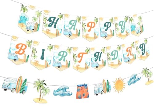 Summer Surfing Birthday Party Decorations Vintage Surfing Happy Birthday Banner Bunting Surfboard Banner for Summer Hawaiian Beach Birthday Decoration Swimming Pool Hawaii Party Supplies