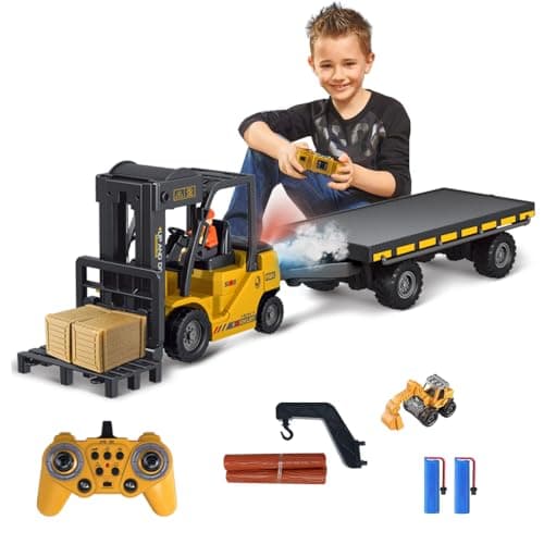 KNACKTOYZ Remote Control Forklift with Flatbed Truck, 11 Channel RC Forklifts with Spray, Cool Lights & Sound, 2 in 1 Lift Fork & Hook, Crane Construction Toys for Boys, Birthday Gift for Kids 3+