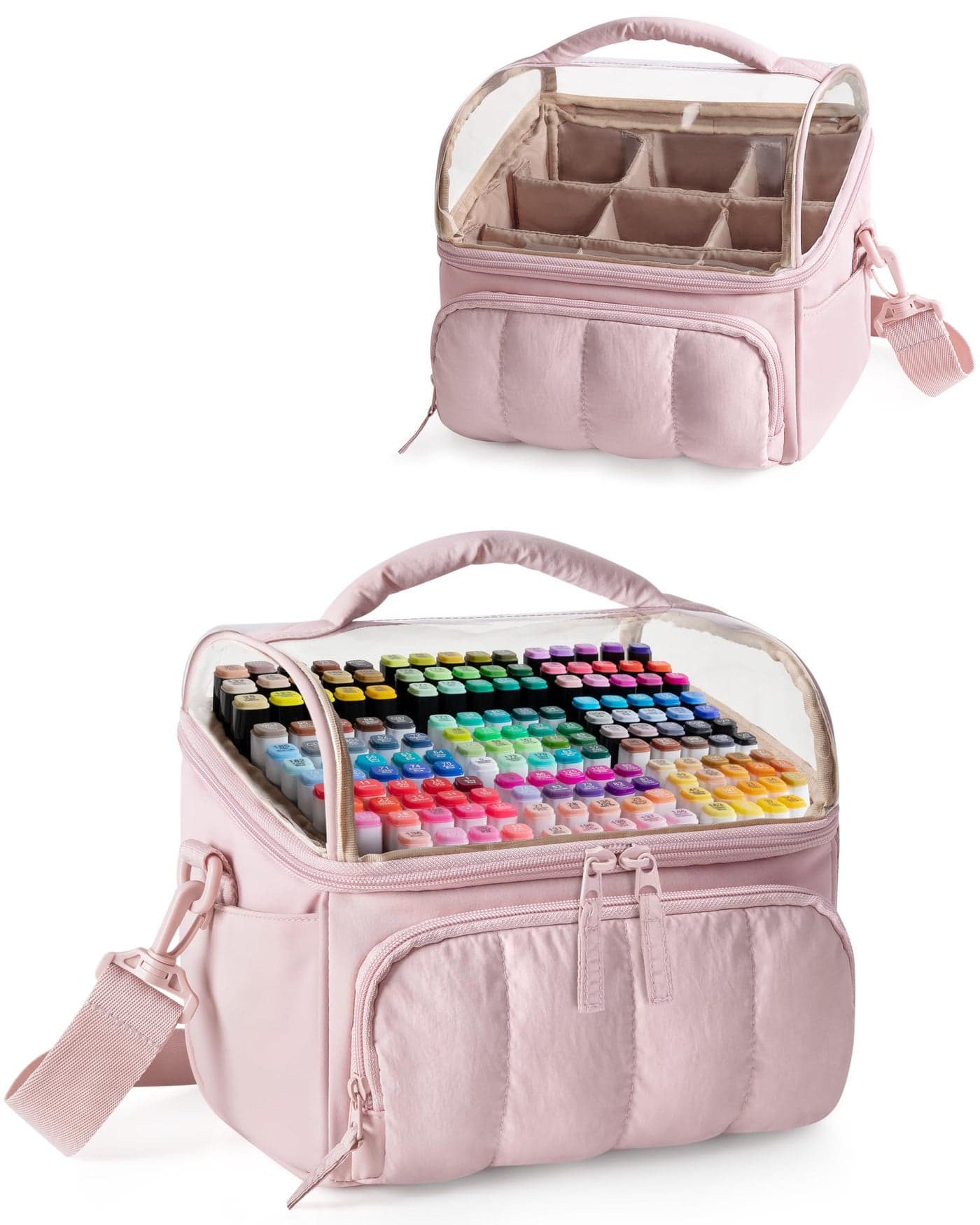 Marscamd Quilted Marker Organizer Case Holds 180 Markers, Marker Storage Organizer Bag with Dividers and Multiple Pockets (Bag Only), Pink