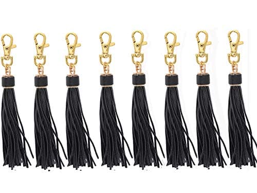 PAMIR TONG 5.9'' Black Leather Tassel for Purse with Golden Metal Caps 8pcs Lobster Swivel Keychain Tassels for Handbag Phone Car Key Jewelry DIY Crafts Jewelry Making