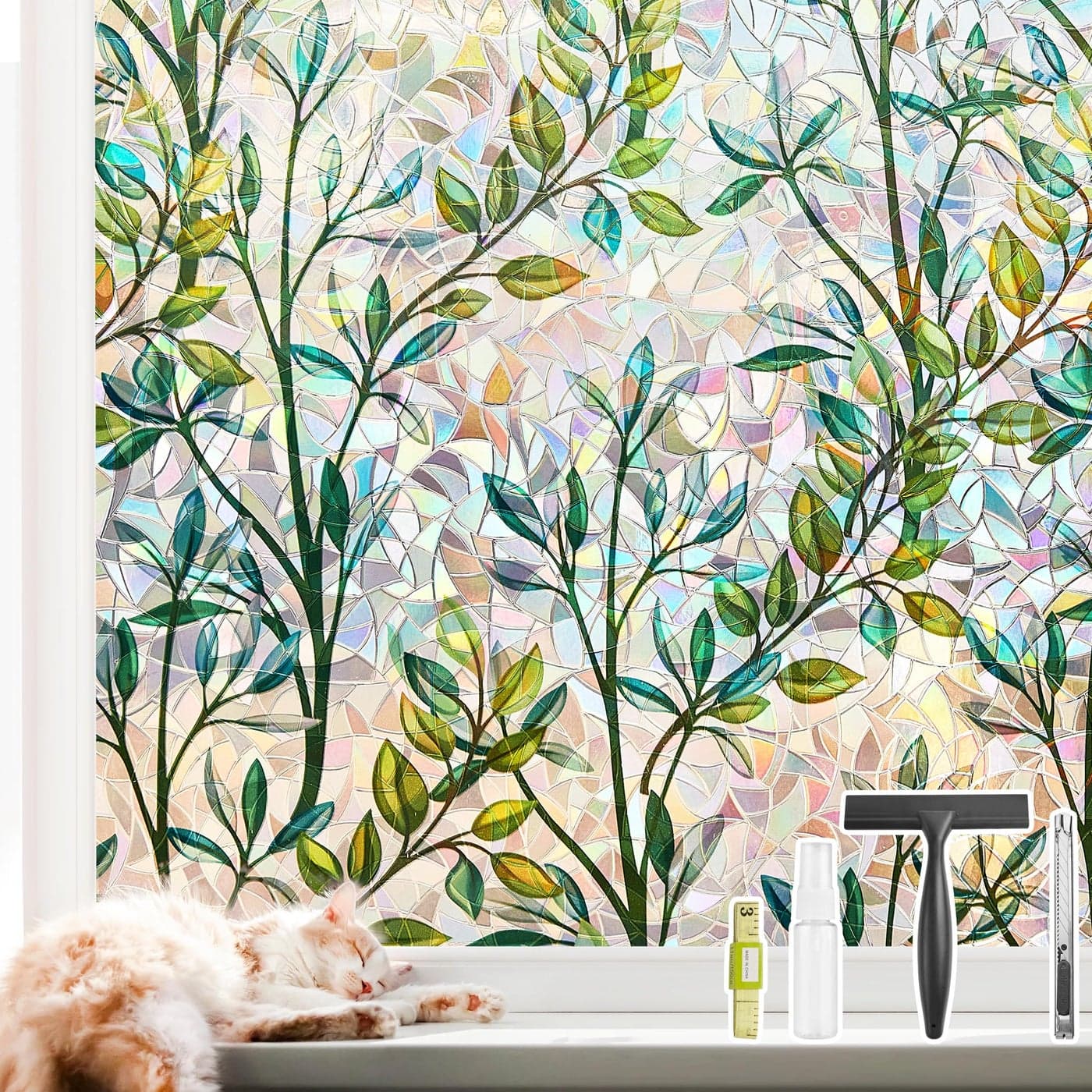 NINETREX Window Privacy Film Stained Glass Window Film 3D Decorative ClingSun Blocking Static Cling Removable Film for Glass DoorHome Decor Window Cover NonAdhesive 175 x 787 inchesLeaf